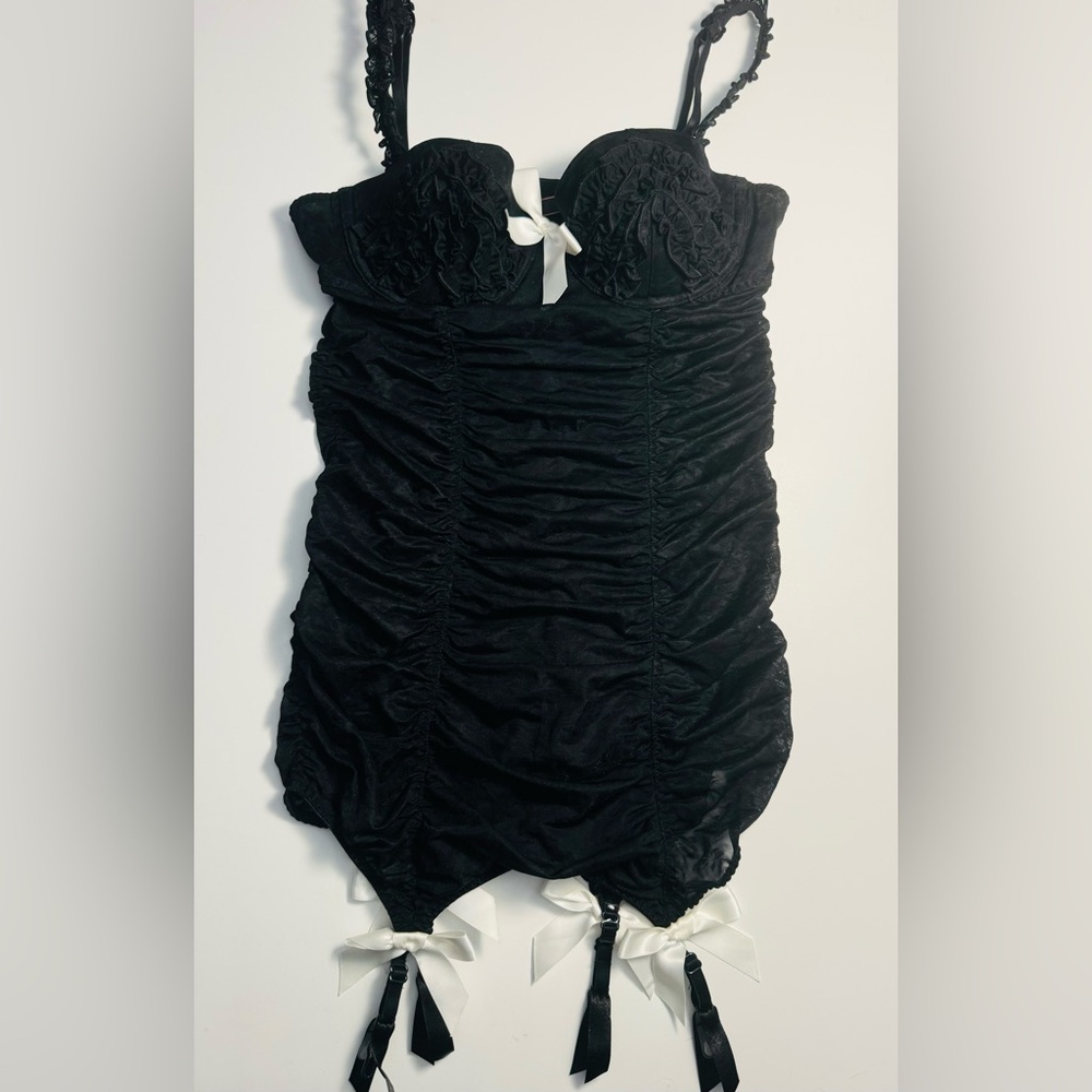 Victoria's Secret "Sexy Little Things" black and white bustier with garters 34b